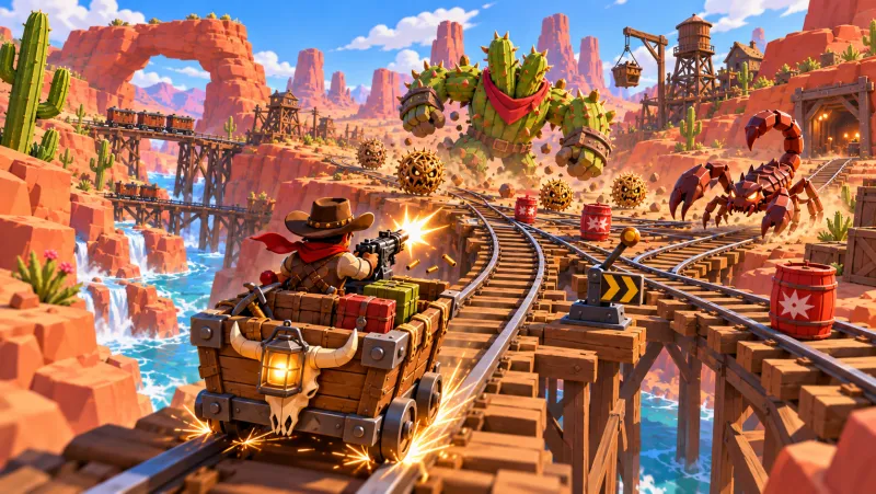 A cart gunner firing at a cactus golem and a giant scorpion near a rail switch