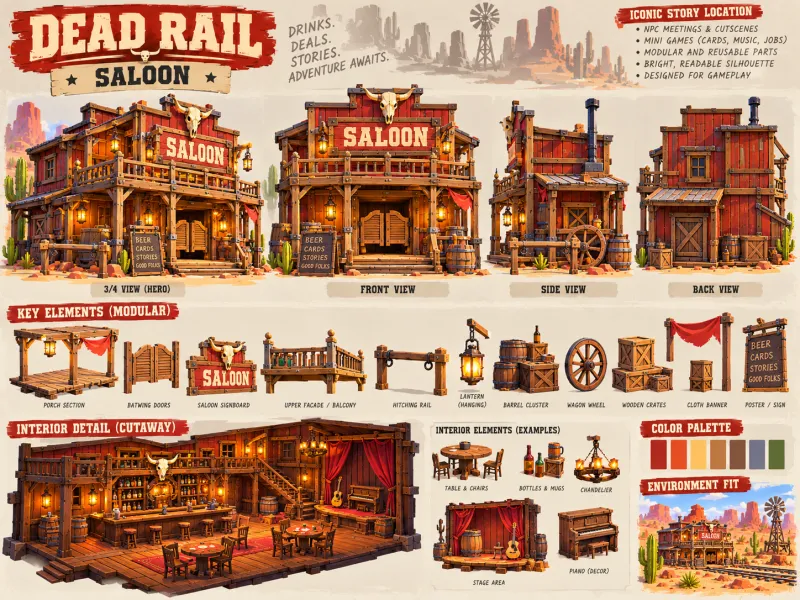 Concept sheet of a frontier saloon